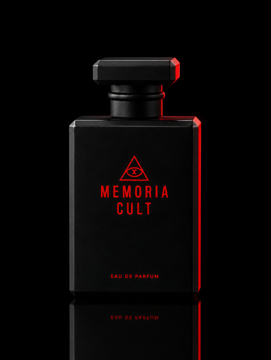 Memoria Cult eau de parfum, matte black bottle with the red triangle eye