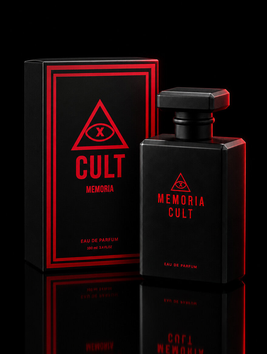 Memoria Cult bottle beside its black and red box