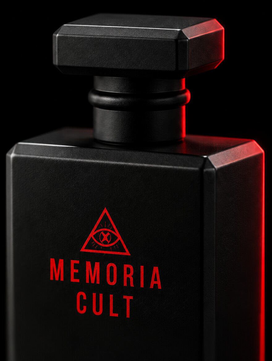 Close-up of the Memoria Cult cap and red eye logo