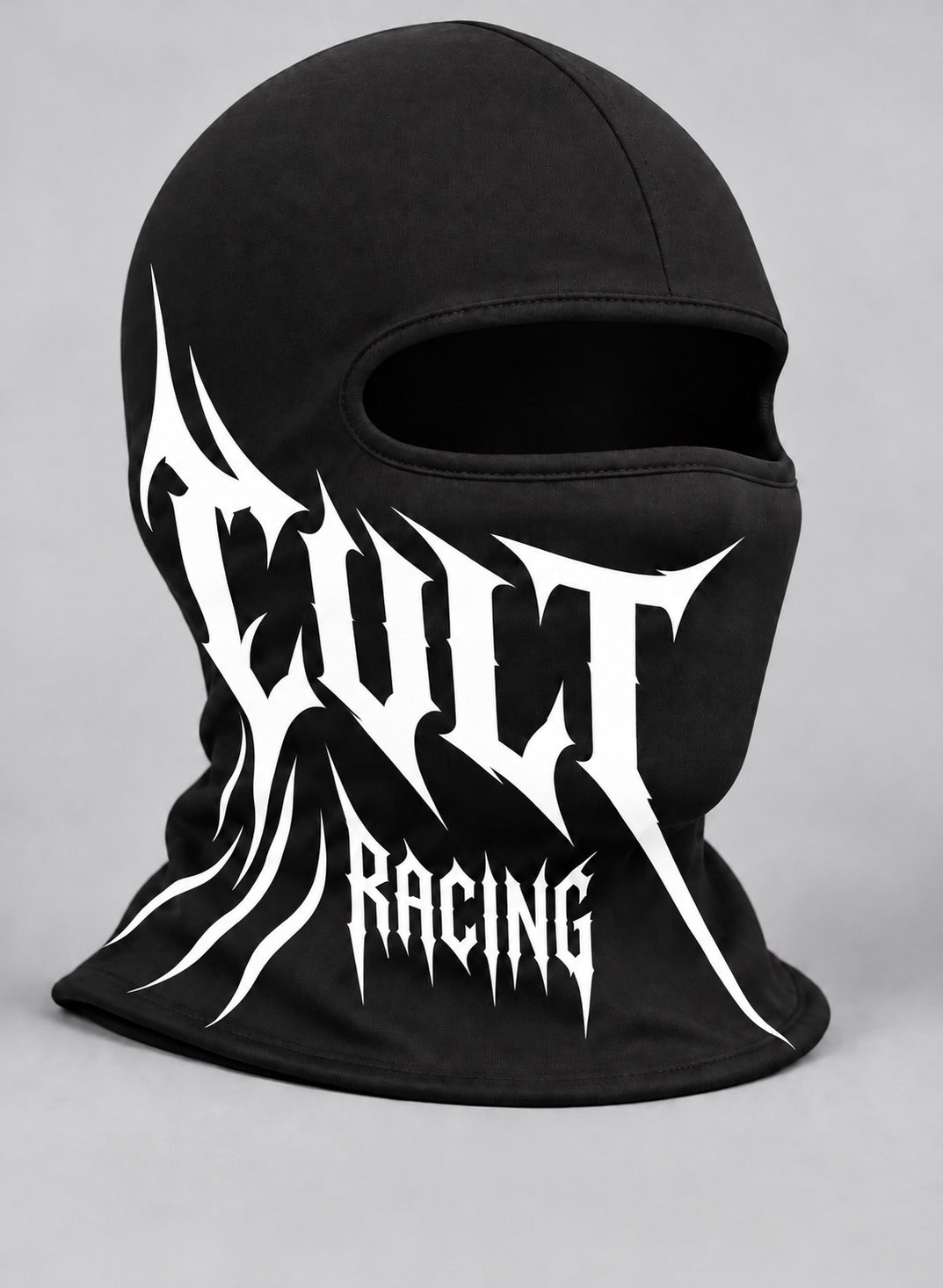 Black balaclava with white spiked Cult Racing lettering