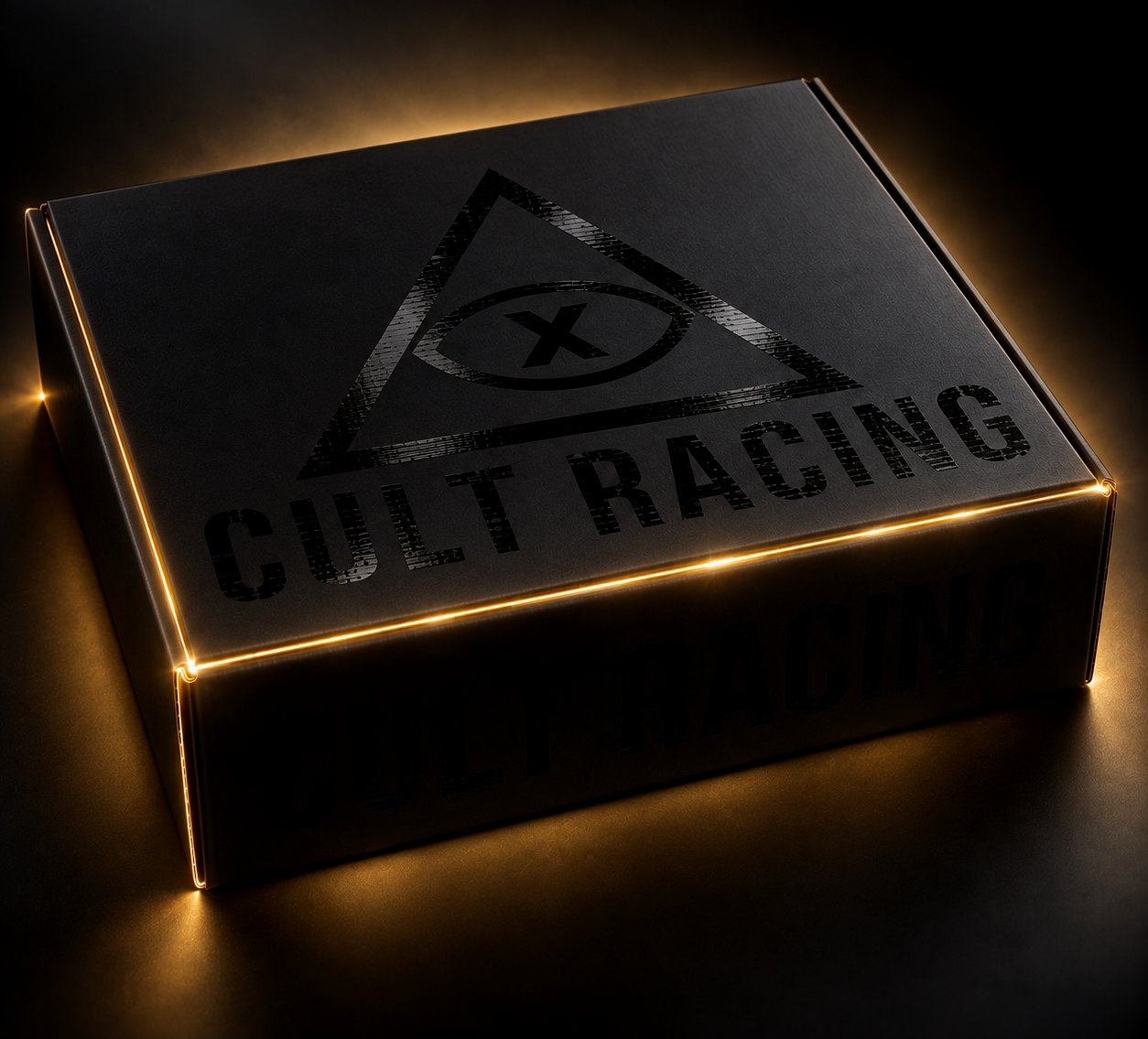 A sealed matte black Cult Racing box with light escaping the seam